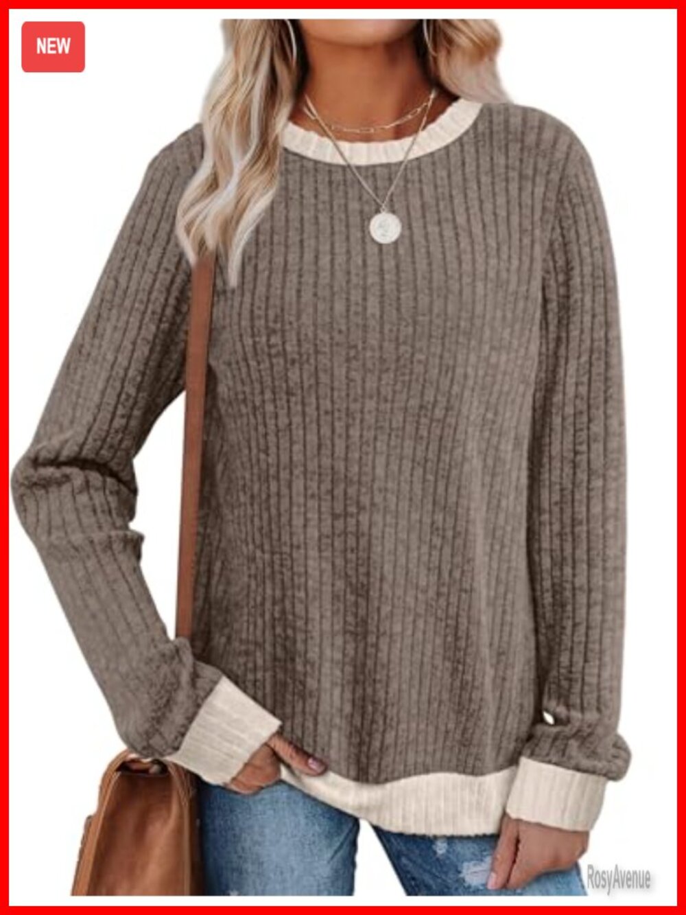 Womens Loose Fit Color Block Trim Tunic Sweater Long Sleeve Crewneck Pullover